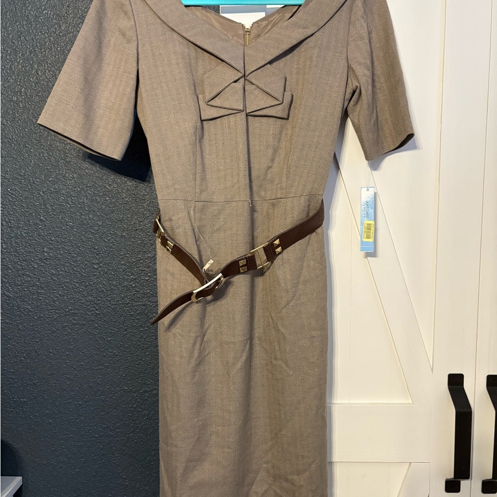 Vintage ANTONIO MELANI Tan Sheath Dress with Sailor Collar Y2K